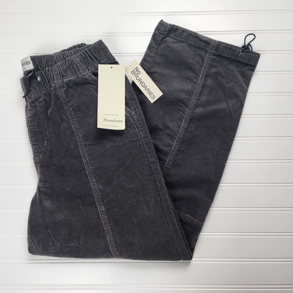 No Boundaries Womens Corduroy Parachute Pants Gray Size M Elastic Drawstring NWT